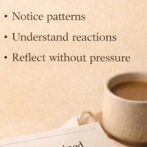 Könnte beinhalten: Eine Tagebuchseite mit dem Text "o I Feel Drained While I'm Still Talking" und einer Tasse Kaffee. Die Seite enthält auch den Text "You Start Mirroring Others" und Aufzählungspunkte: "Notice patterns", "Understand reactions" und "Reflect without pressure".