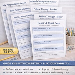 Peut inclure: Un ensemble de feuilles de travail imprimables intitulé "Kids Accountability Bundle" avec un graphique en forme d'étoile. Les feuilles de travail comprennent des outils de suivi de la responsabilité, des planificateurs et des pages de réparation. Le lot est conçu pour les 6-9 ans.