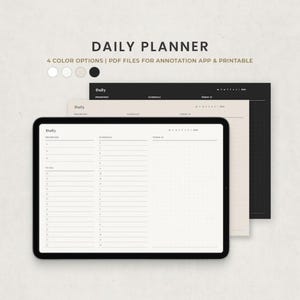 Könnte beinhalten: Ein digitaler Tagesplaner auf einem Tablet, mit einem minimalistischen Design. Das Bild zeigt das Layout des Planers, mit Abschnitten für Prioritäten, To-Do-Listen und einen Zeitplan. Der Text lautet "DAILY PLANNER" und "4 COLOR OPTIONS | PDF FILES FOR ANNOTATION APP & PRINTABLE."