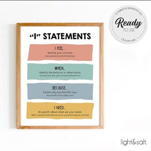 Può includere: Una stampa incorniciata con il testo "I" STATEMENTS. La stampa ha una cornice in legno e presenta quattro blocchi colorati con le istruzioni: "I FEEL...", "WHEN...", "BECAUSE..." e "I NEED...". Un adesivo circolare recita "Ready to Use".