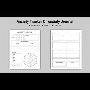 Könnte beinhalten: Angst-Tracker oder Angst-Journal, ein weißes Journal mit Abschnitten zur Verfolgung von Symptomen, Auslösern und Stimmung. Das Journal enthält den Text "Anxiety Journal" und "Negative Events". Das Journal ist 21,59 x 27,94 cm groß.