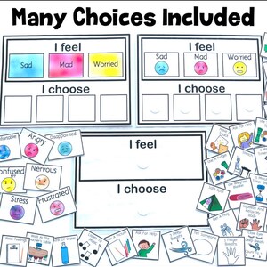 Könnte beinhalten: Lehrmittel mit dem Text "Many Choices Included". Es zeigt Abschnitte für "I feel" und "I choose" mit Illustrationen von Emotionen wie traurig, wütend und besorgt. Zusätzliche Karten bieten Bewältigungsstrategien.