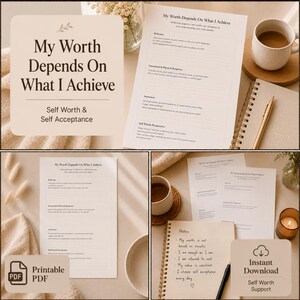 Könnte beinhalten: Ein druckbares PDF-Reflexionsarbeitsblatt mit dem Titel My Worth Depends On What I Achieve, das Abschnitte für Reflexion, emotionale und körperliche Reaktion, Bewusstsein und Selbstwertperspektive sowie eine Notizseite enthält.