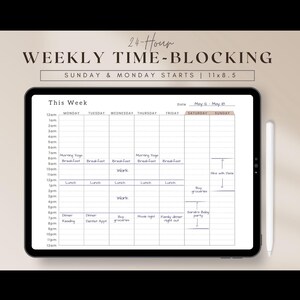 Könnte beinhalten: Ein digitaler Wochenplaner zur Zeiteinteilung auf einem Tablet. Der Planer ist für die Woche vom 8. bis 14. Mai, mit Zeitfenstern von 0:00 bis 0:00 Uhr. Der Planer enthält Platz für tägliche Aktivitäten.
