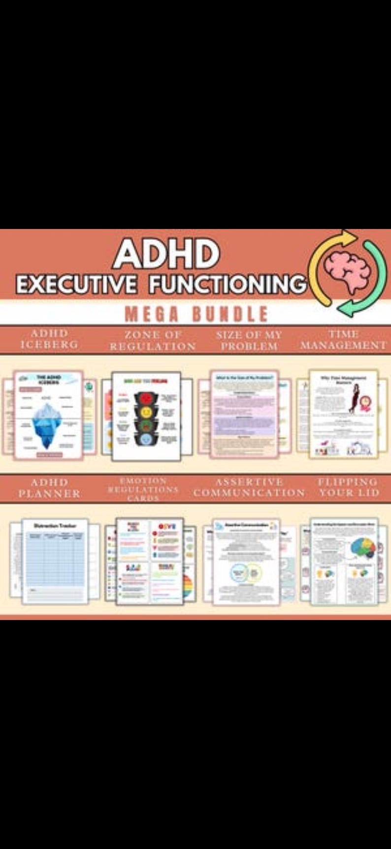 Op de afbeelding: Een ADHD Executive Functioning Mega Bundle met diverse educatieve printables. De bundel bevat bronnen over onderwerpen als de ADHD-ijsberg, de zone van regulatie, tijdmanagement en assertieve communicatie. De afbeelding heeft een perzikkleurige achtergrond.