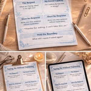 Könnte beinhalten: Ein Arbeitsblatt mit dem Titel "Nein sagen ohne zu erklären" mit Abschnitten zur Selbstreflexion. Das Arbeitsblatt liegt auf einem Holztisch mit einem Stift, einem Notizblock und einer Tasse Kaffee. Der Text enthält Aufforderungen und ein Beispiel für eine Antwort.