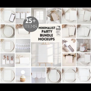 Könnte beinhalten: Eine Sammlung minimalistischer Party-Bundle-Mockups mit verschiedenen Schreibwaren, einem Smartphone und dekorativen Elementen. Der Text "25+ ITEMS MINIMALIST PARTY BUNDLE MOCKUPS" ist im Bild enthalten.