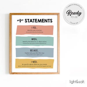May include: A framed print with the text "I" STATEMENTS. The print has a wooden frame and features four colored blocks with prompts: "I FEEL...", "WHEN...", "BECAUSE...", and "I NEED...". A circular sticker reads "Ready to Use".