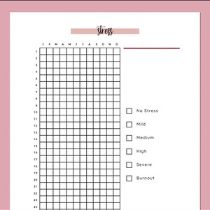 Könnte beinhalten: Ein rosa-weißes Stress-Tracker-Diagramm mit dem Wort "Stress" oben. Das Diagramm hat ein Raster zur Verfolgung des täglichen Stresslevels, mit Optionen von "Kein Stress" bis "Burnout".