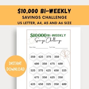 Könnte beinhalten: Ein druckbares Spar-Challenge-Blatt mit dem Text "$10.000 Bi-Weekly Savings Challenge". Das Blatt enthält ein Raster aus sechseckigen Kästchen mit Zahlen und die Wörter "Start date" und "End date".