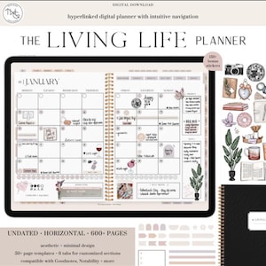 Könnte beinhalten: Digitaler Planer "The Living Life Planner" mit Monatsansicht für Januar. Enthält 150 Bonus-Sticker, ein undatiertes horizontales Layout, über 600 Seiten und ist kompatibel mit Goodnotes und Notability. Ästhetisches, minimalistisches Design.