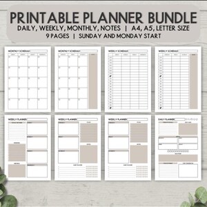 Könnte beinhalten: Druckbares Planer-Bundle mit Tages-, Wochen- und Monatsplänen, Notizen und mehr. Enthält A4-, A5- und Letter-Größen. Enthält 9 Seiten, beginnend am Sonntag oder Montag. Die Seiten sind weiß mit hellbraunen Akzenten.