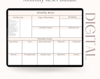 Puede incluir: Un planificador digital titulado "Monthly Reset Bundle" con un diseño de cuadrícula. El planificador incluye secciones para listas de tareas, prioridades, una lista de deseos, objetivos mensuales y afirmaciones. La palabra "DIGITAL" está escrita verticalmente a la derecha.