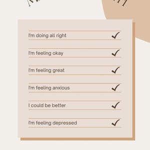 Könnte beinhalten: Eine beige und braune Grafik mit den Worten „MENTAL HEALTH“ oben. Eine Checkliste enthält Aussagen wie „Ich fühle mich ängstlich“ und „Ich fühle mich deprimiert“, jeweils mit einem Häkchen. Das Wort „CHECKLIST“ steht unten.