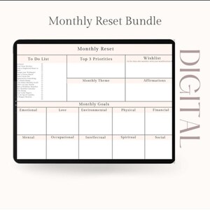 Könnte beinhalten: Digitaler Planer mit dem Titel "Monthly Reset Bundle". Der Planer enthält Abschnitte für To-Do-Listen, Prioritäten, Ziele und Affirmationen. Das Wort "DIGITAL" ist vertikal auf der rechten Seite des Bildes aufgedruckt.