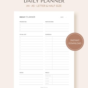 May include: A white daily planner with sections for priorities, to-do lists, and schedule. The planner includes space for notes and meals, with the text "DAILY PLANNER" at the top. The planner is available in A4, A5, letter, and half sizes.