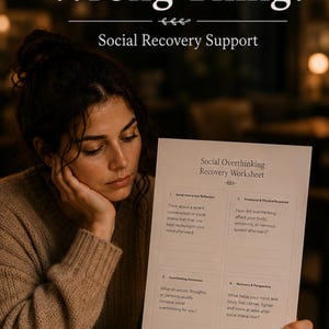 May include: A woman looking at a worksheet titled "Social Overthinking Recovery Worksheet." The text on the worksheet includes questions about social interaction and overthinking. A cup of coffee, a notebook, and a lit candle are on the table.