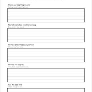 Op de afbeelding: Een wit papier met de titel "Quick Reset" met instructies voor het omgaan met stress. Het document bevat aanwijzingen om te pauzeren, de volgende stap te identificeren, eisen te verwijderen, steun te kiezen en de reset te be&euml;indigen. De tekst is zwart.