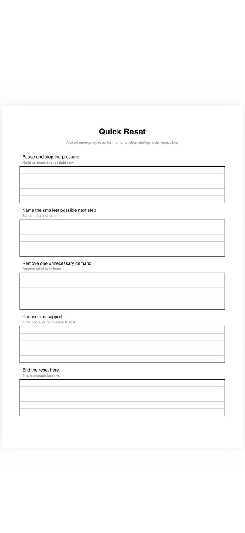 Op de afbeelding: Een wit papier met de titel "Quick Reset" met instructies voor het omgaan met stress. Het document bevat aanwijzingen om te pauzeren, de volgende stap te identificeren, eisen te verwijderen, steun te kiezen en de reset te be&euml;indigen. De tekst is zwart.