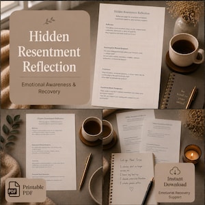 Könnte beinhalten: Ein druckbares Hidden Resentment Reflection Dokument mit Abschnitten für Reflexion, emotionale und körperliche Reaktion, Bewusstsein und emotionale Neuausrichtung, inklusive Text über emotionale Genesung und Unterstützung.