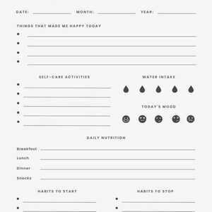 Könnte beinhalten: Ein graustufiger Selbstpflegeplaner mit dem Titel "Self-Care Planner" in Schreibschrift. Der Planer enthält Abschnitte für Datum, glückliche Momente, Selbstpflegeaktivitäten, Wasseraufnahme, tägliche Ernährung, Stimmungsverfolgung und Gewohnheiten zum Starten und Stoppen.