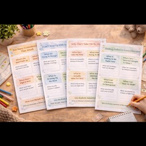 May include: A collection of printed worksheets with prompts for self-reflection. The worksheets have titles like "Too Many Commitments This Week" and "Why Did I Take On So Much?" A hand is writing on one of the worksheets with a pencil.