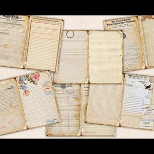 Könnte beinhalten: Eine Sammlung von Vintage-Papier-Ephemera, darunter Registerseiten, linierte Blätter und Dokumente mit gealterten Texturen. Einige Seiten zeigen Blumenillustrationen und handschriftlichen Text, mit dem Text "THE ATLANTIC-PACIFIC PACIFIC EQUIPMENT COMPANY".