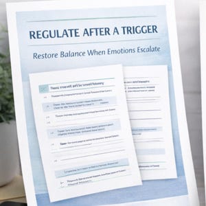Könnte beinhalten: Ein gedrucktes Dokument mit dem Titel "Regulate After a Trigger" und dem Untertitel "Restore Balance When Emotions Escalate". Das Dokument hat ein hellblaues und weißes Farbschema und enthält einen Stift.