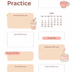 Könnte beinhalten: Digitale Illustration eines Selbstpflege-Planers. Der Planer enthält Abschnitte für verschiedene Arten der Selbstpflege, einen Juni-Kalender und Illustrationen von Getränken und Tassen. Der Titel lautet "Self-Care Practice".