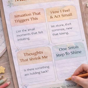 May include: A clipboard with a worksheet titled "Playing Small Makes Me Feel...". The worksheet has prompts for self-reflection, including "Situation That Triggers This" and "One Small Step To Shine". A hand is holding a pencil.