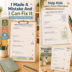 Könnte beinhalten: Ein druckbares Arbeitsblatt zur Verantwortung für Kinder mit dem Titel I Made A Mistake And I Can Fix It. Das Dokument enthält Abschnitte zur Beschreibung von Fehlern, zur Identifizierung von Rollen, zur Bewertung der Auswirkungen und zur Planung.