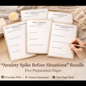 Peut inclure: Un ensemble de cinq feuilles de travail imprimables intitulées "Anxiété avant les situations". Les feuilles de travail sont conçues pour préparer les conversations difficiles, les appels téléphoniques, les réunions et les interactions sociales. Le texte comprend "PDF imprimables" et "Téléchargement instantané".