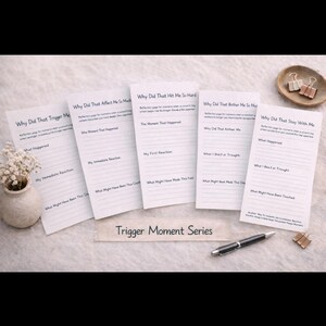 Può includere: Una collezione di diari di carta bianca con suggerimenti, tra cui "Perché mi ha innescato?" e "Perché mi ha colpito così tanto?". I diari fanno parte della "Trigger Moment Series". Sono visibili anche una penna e delle graffette.