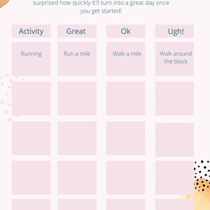 May include: A pink and white chart titled "Tiered Task Initiation" with a grid for tracking activities. The chart includes the text "Activity," "Great," "Ok," and "Ugh!" with examples like "Running" and "Run a mile."