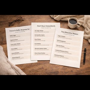 May include: Three printed worksheets with text on a wooden surface. The worksheets are titled "Freeze & Buffer Response Set", "Don't React Immediately", and "Non-Reactive Stance". A cup of coffee, a pen, and eyeglasses are also on the surface.
