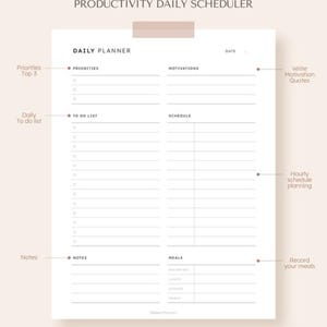 Könnte beinhalten: Ein weißer Tagesplaner mit Abschnitten für Prioritäten, To-Do-Listen und Terminplanung. Der Planer enthält Platz für Notizen, Mahlzeiten und Motivationszitate. Der Text "PRODUCTIVITY DAILY SCHEDULER" steht oben.