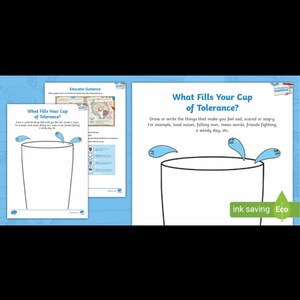 May include: Educational poster titled "What Fills Your Cup of Tolerance?" features a drawing of a cup with blue water droplets overflowing. The text encourages drawing or writing about things that cause sadness, fear, or anger. Includes "ink saving Eco" text.