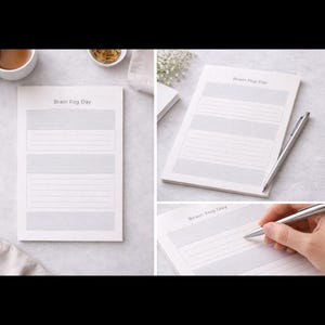 May include: A white notepad with the text "Brain Fog Day" at the top, featuring horizontal lines for writing. A silver pen rests beside the notepad. The image is a product shot, likely for stationery or office supplies.