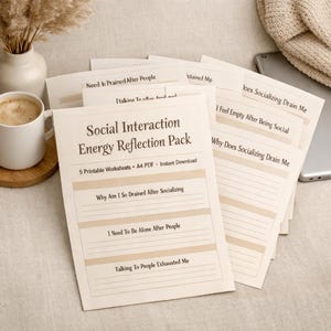Könnte beinhalten: Mehrere A4-Arbeitsblätter mit dem Titel "Social Interaction Energy Reflection Pack" mit Fragen wie "Warum bin ich nach dem Kontakte knüpfen so erschöpft?" Das Paket enthält 5 druckbare Arbeitsblätter.