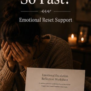 以下が含まれることがあります： 画像には「Why Do I Explode So Fast?」と「Emotional Reset Support」の文字が表示されています。「Emotional Escalation Reflection Worksheet」というタイトルのワークシートも表示されています。画像は暖かく、柔らかな照明で、落ち着いた雰囲気です。