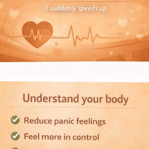 May include: An orange informational graphic with the text Why Does My Heart Start Racing For No Reason, It suddenly speeds up, and Understand your body. It features a heart icon with an EKG line and three bullet points with checkmarks.
