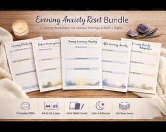 Evening Anxiety Reset Bundle | 5 Printable Worksheets to Calm the Mind, Release Stress & Wind Down at Night