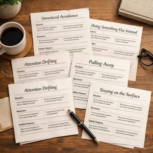 Può includere: Diverse carte stampate con titoli come "Evitamento inosservato" e "Deriva dell'attenzione" sono disposte su una superficie di legno. Sono presenti anche una tazza di caffè, una penna e occhiali, suggerendo un ambiente di studio o lavoro.
