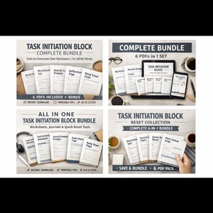 Könnte beinhalten: Bild von vier Bündeln digitaler Arbeitsblätter und Journale für ADHS-Geister. Jedes Bündel ist mit Titeln wie "Task Initiation Block" und "Complete Bundle" versehen. Die Bündel enthalten Arbeitsblätter, Journal-Eingabeaufforderungen und Schnell-Reset-Tools.