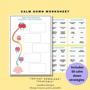 Könnte beinhalten: Ein druckbares "Calm Down Worksheet" mit bunten, gehirnförmigen Figuren. Die Arbeitsblatt enthält Anregungen für beruhigende Aktivitäten und eine Liste mit 50 Strategien zur Beruhigung. Der Text lautet: "Things I can do to help me feel Peaceful, Calm, Relaxed".