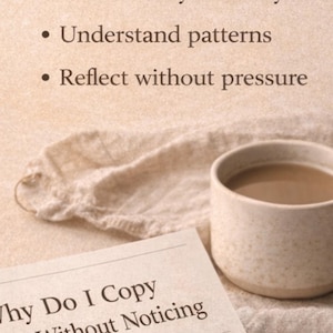 May include: A beige-toned image with the text "Understanding Comes Later." A cup of coffee sits beside a printed page titled "Why Do I Copy People Without Noticing." A folded cloth is also present.