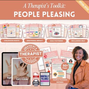 Peut inclure: Un kit d'outils de thérapeute : People Pleasing. L'image montre un cahier d'exercices avec le titre et plusieurs feuilles de travail numériques. Le cahier d'exercices est créé par un thérapeute agréé. L'image comprend également une femme portant une veste orange.