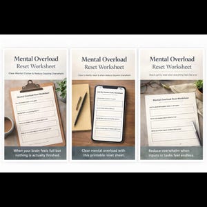 May include: Three images of a "Mental Overload Reset Worksheet." The worksheet is shown on a clipboard, a phone, and a sheet of paper. Each image has text that reads "Clear Mental Clutter & Reduce Daysing Overwhelm" and "Reduce overwhelm when inputs or tasks feel endless."