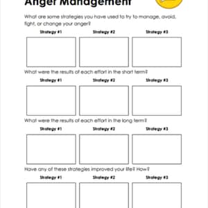 Könnte beinhalten: Ein weißes Arbeitsblatt mit dem Titel "Anger Management" mit auszufüllenden Abschnitten für Strategien, kurz- und langfristige Ergebnisse. Enthält eine gelbe Grafik mit wütendem Gesicht und die Website 15Worksheets.com.
