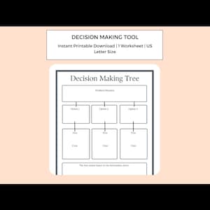 May include: A printable decision-making tool with the title "Decision Making Tree." The worksheet includes sections for problem/situation, options, pros, and cons, designed for structured decision-making. The text "US Letter Size" is visible.